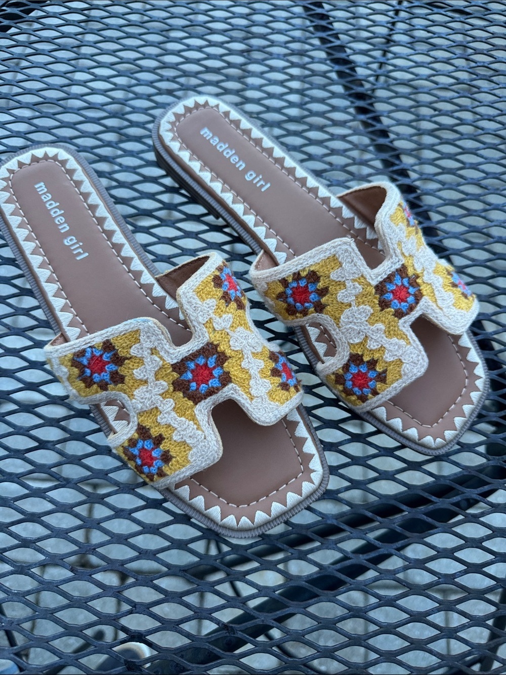 Madden Girl Crochet Slide Sandals in Yellow, Cream, Brown & Blue